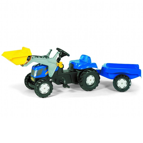 Kids Blue and Yellow Pedal Tractor with Front Loader and Trailer